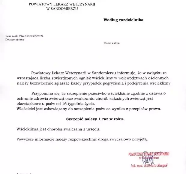 Informacja Powiatowego Lekarza Weterynarii w Sandomierzu
