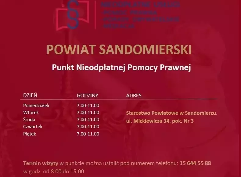Informacja dotycząca Punktów Nieodpłatnej Pomocy Prawnej w Powiecie Sandomierskim