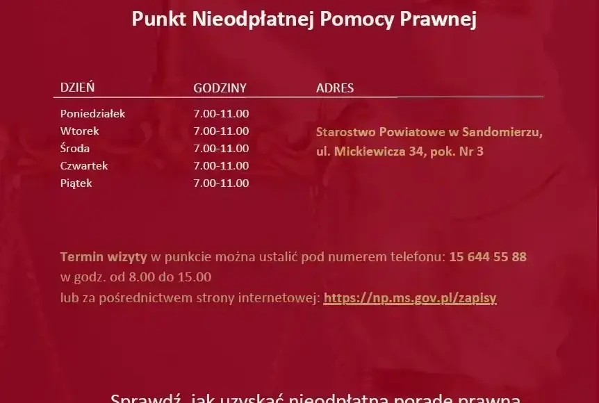 Punkty nieodpłatnej pomocy prawnej i nieodpłatnego poradnictwa obywatelskiego w Powiecie Sandomierskim