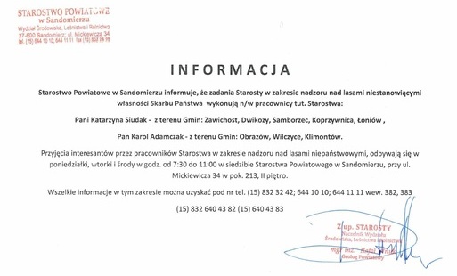 Informacja dla właścicieli lasów prywatnych z terenu powiatu sandomierskiego. 